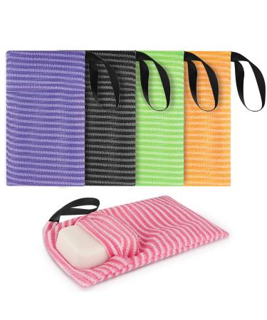 Linkidea 5 Packs Stripes Soap Bag for Soap Bars, Exfoliating Sponge Body Scrubber Shower Soap Holder with Lanyard, Mesh Soap Saver Pouch for Bath Bar Soap, Foaming & Drying Soap Bags Bulk Pack