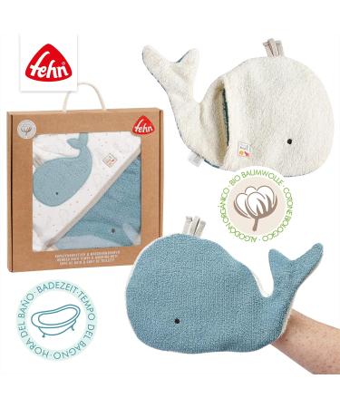 Fehn Baby Whale Bath Towel & Washing Glove Set - Organic Cotton Hooded Towel for Babies & Toddlers 0+ Months - Cute Whale Design Poncho - Buy Online on SooperMarket.com