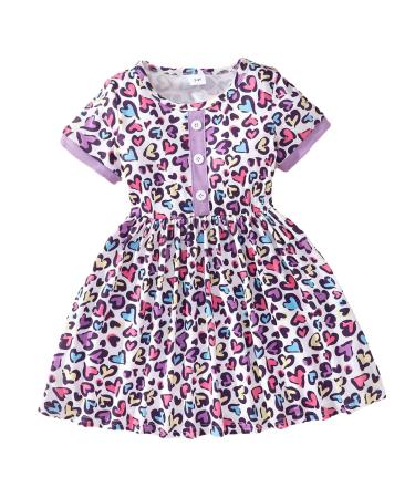 Girls Summer Dresses, Baby Clothes for Girls Short Sleeve Dinosaur Leopard Print Button Cute A Line Toddlers Outfits A-purple 3-4T