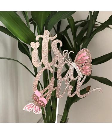 Double Sided Rose Gold 'It's A Girl' with Butterfly Cake Topper - Pink Baby Shower Decor - Buy Online on SooperMarket.com