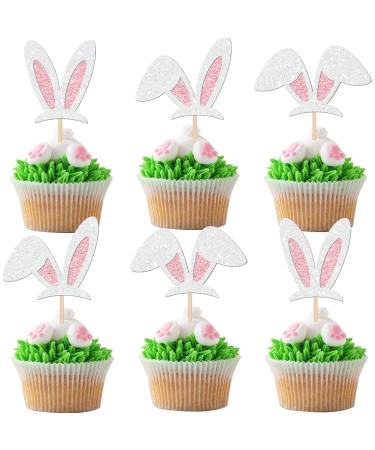 Rsstarxi 24 Pack Easter Bunny Ear Cupcake Toppers Glitter Rabbit Ears Cupcake Picks for Bunny Happy Easter Baby Shower Spring Easter Birthday Party Cake Decorations Design 10