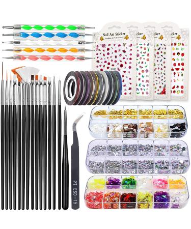 JOYJULY Nail Art Brushes Kit Nail Dotting Tools,Crystals Glass AB Nail Art Rhinestones, 3D Nail Art Stickers Tape Strips,Holographic Mermaid Nail Glitters Shell Sequins Nail Design Kit Free Black