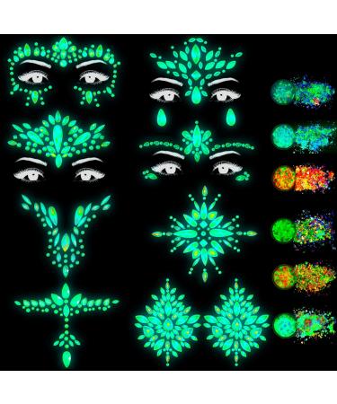 14 Sheets Glow in The Dark Face Jewels Body Gems and Chunky Glitter Noctilucent Face Gems Self Adhesive Luminous Face Stickers Rhinestone Tattoo for Halloween Party Makeup