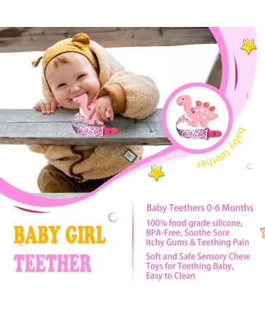BigSpinach Soft Grey Dinosaur Teether & Pacifier Clip Set - Valentines Day Gift for Baby Boy | Silicone Teething Toy & Chew Toys - Buy Online on SooperMarket.com