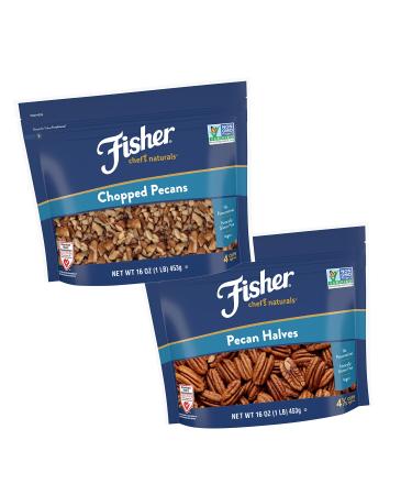 Fisher Pecan Lovers Bundle, 2 Pack, Pecan Halves, Chopped Pecans, No Preservatives, Non-GMO, Keto, Paleo, Vegan Friendly 16 Ounce (Pack of 2) Pecan Lovers Bundle