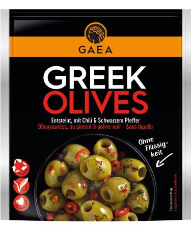 Gaea green olives without stone with chili & pepper |8 x 150g |Sharpened |Perfect as a snack and for salads green chilli & pepper without stone
