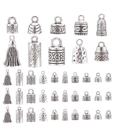 PH PandaHall Cord Ends Caps  117pcs 10 Styles Tibetan Alloy Leather Cap Glue in Barrel End Caps Tube Crimp Beads End Caps Thread Ends for Kumihimo Jewelry Making Bracelet Necklace 4 8mm