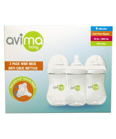 Avima 12oz Anti Colic Infant Bottles BPA Free - Set of 3 Wide Neck Bottles with Fast Flow Nipples (12 Ounce) - 3 Pack - Buy Online on SooperMarket.com