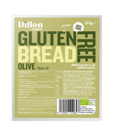 Dillon Organic Gluten Free Olive Bread 4 X 275g Sliced Low Carb High Fibre a blend of Gluten free oats seeds and Green olives