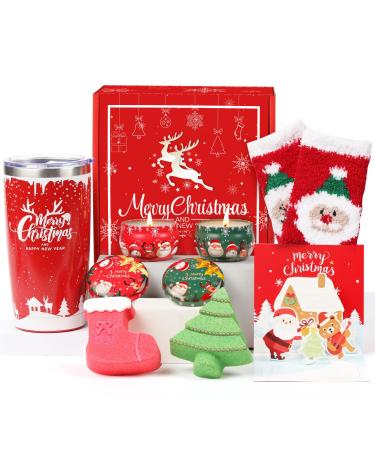 Christmas Gifts for Women Gifts Basket for Friends Gifts for Her Girlfriend Sister Mom Unique Gifts Box with Christmas Socks Scented Candle Insulated Tumbler Red