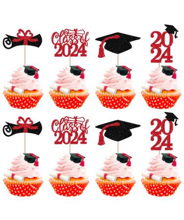36 Pack Graduation Cupcake Toppers Glitter Class of 2024 Glitter Diploma Grad Cap Cake Decorations 2024 Graduation Cupcake Picks for 2024 Graduation Theme Party Cake Decoration Supplies Red