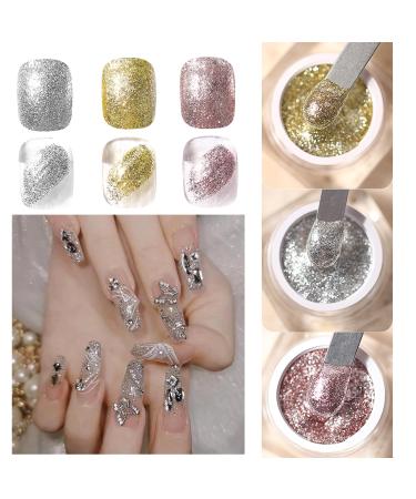 3 Boxes Glitter Gel Nail Polish 3D Gold Silver Rose Gold Nail Art Painted Liner Gel Nail Polish Holographic Chrome Sparkle Glitter Nail Polish for Salon Home Nail Art DIY