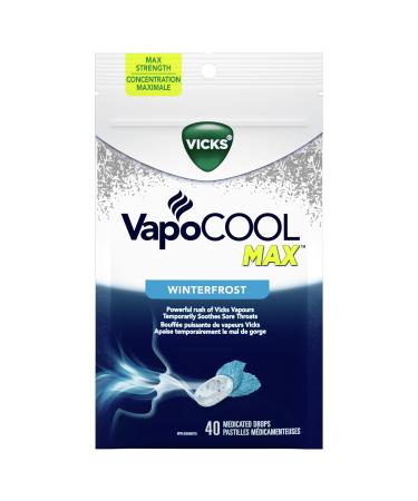 Vicks VapoCOOL Max Medicated Drops for Temporary Cough and Sore Throat Relief Lozenges Winterfrost Flavour 40 Count