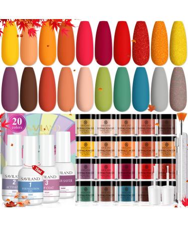 Saviland Dip Powder Nail Kit-20 Colors Fall Dipping Powder Nail Kit with 4*15ml Dip Liquid Set Base&Top Coat Activator Brush Saver Manicure Tool for French Nail Art, Halloween Nails Design Salon Gifts A-Autumn Colors