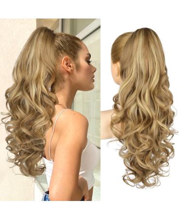 REECHO Ponytail Extension 24" Claw Clip in Ponytail Extensions Long Curly Wavy Ponytail Hair Extension Jaw Clip on Pony Tails Hairpiece for Women - Medium Blonde with Blonde Highlights