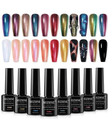MIZHSE 8 Colors Chameleon Gel Nail Polish Glitter Gel Polish Set Shimmer Iridescent Color Blue Green Purple Shiny Nail Gel Soak Off Nail Art Salon Home