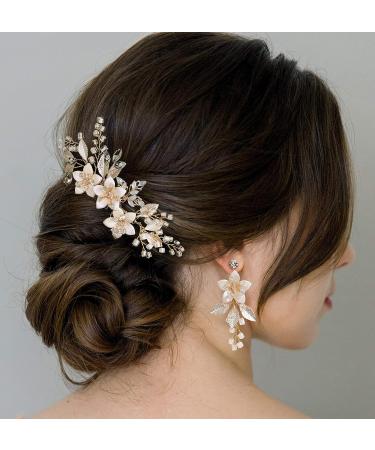 SWEETV Handmade Gold Wedding Hair Comb and Bridal Earrings Set - Elegant Accessories for Brides - Buy Online on SooperMarket.com