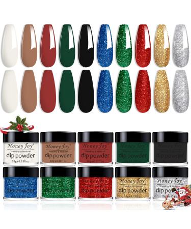 Dip Powder Set 10 Colors Honey Joy Glitter Red Green Blue Nail Dipping Powder French Nail Art Fall Winter Colors Manicure Salon DIY at Home Christmase Halloween Gifts Dip-10pcs-01