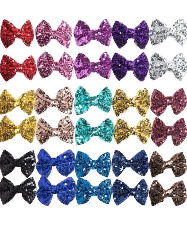 Party Festival Baby Girls Sparkling Bows Clips 30 Piece Glitter Sequins 4 Hair Bows Alligator Hair Clips for Girls Baby Children Toddlers 4 Inch (Pack of 30)