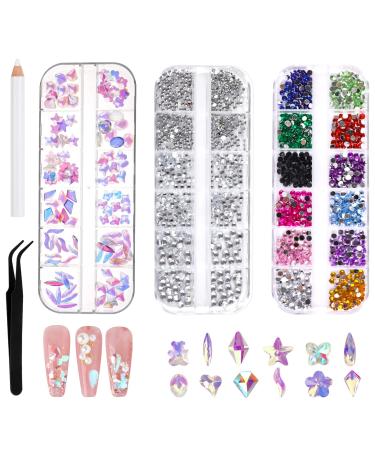 Flat Back Nail Gem Tikplus Nail Rhinestones with Pick Up Tweezer and Picker Dotting Pen AB Nail Crystals and Gemstones Stick On Gems for Nail Art Craft Face Teeth Nail Gem 02