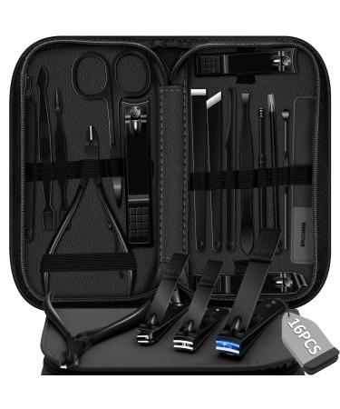 Manicure Set Pedicure Kit 16 Pcs Stainless Steel Nail Clippers Set Professional Nail Care Tools Grooming Kit with Portable Travel Leather Case for Men Women Black