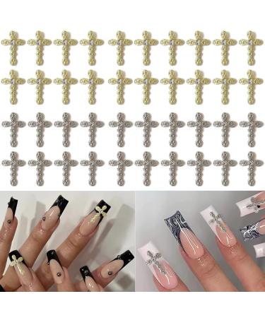 RUNRAYAY 40Pcs Cross Nail Charms Gold & Silver 3D Metal Retro Punk Nail Charms Cross Shape Nail Decoration for Women Girl Nail Art Decor