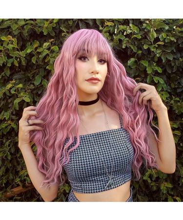 YEESHEDO 28 Inch Long Pink Synthetic Wavy Wig with Fringe for Women - Ideal for Party, Cosplay, or Daily Wear - Buy Online on SooperMarket.com