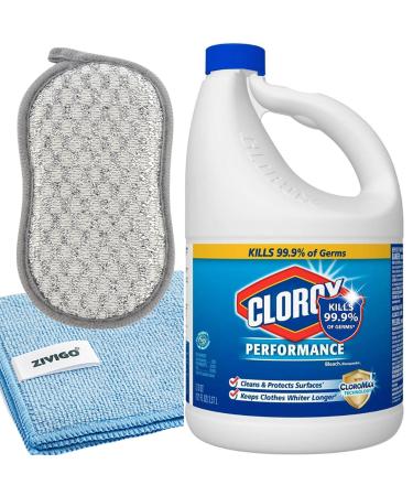 Bleach Liquid Cleaner Regular Bleach for Laundry and Bathroom 121 Oz. Bottle - BUNDLE With Zvigo-Microfiber Cleaning Towel + 1 Dual-Sided Sponge