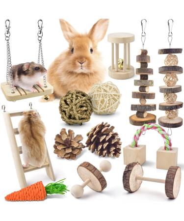 ERKOON Hamster Chew Toys 13 Pack Gerbil Toys Natural Wooden Small Animal Toys Teeth Care Molar Toy Boredom Breaker Treats Dumbbells Exercise Bell Roller for Rat Guinea Pig Chinchilla Rabbits