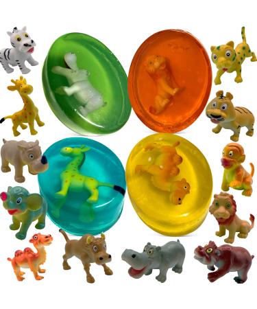 Relaxcation Soap Set Bars Kids with Funny Animals Surprise Inside - Collect All 12 Wild Animals Toys - Moisturizing Children Skin - Lemon  Strawberry  Green Apple and Rose - Handmade in USA