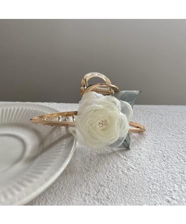 Fuyunohi 2 Pack Large Flower Claw Metal Barrettes | White+Champagne Mesh Rose Hair Clips for Women | Stylish Hair Accessories for Thick Hair - Buy Online on SooperMarket.com