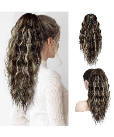 PORSMEER 18 Inch Claw Ponytail Extension Multi Layered Clip on Ponytail Extension for Women Long Curly Wavy Hair Extensions Natural Fluffy Synthetic Clip in Hairpiece for Daily (Brown with platinum) Ash brown with platinum