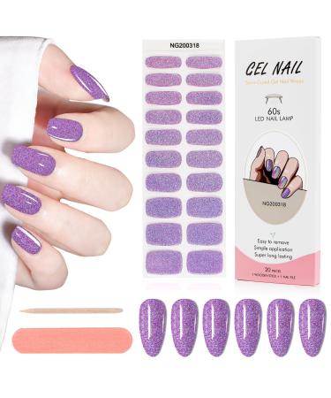 Kalolary 20PCS Nail Adhesive Wrap Nail Gel Polish Strips Full Wraps Nail Polish Stickers Cured Gel Nail Strips Self-Adhesive Gel Nail Wrap Stickers Decals(UV/LED Lamp Required) (Glitter Purple)