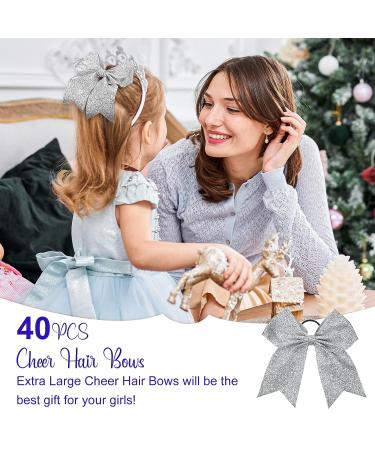 40 Pcs 8 Glitter Cheer Hair Bows Bulk - Silver Shiny Ponytail Holders for Cheerleaders - Buy Online on SooperMarket.com