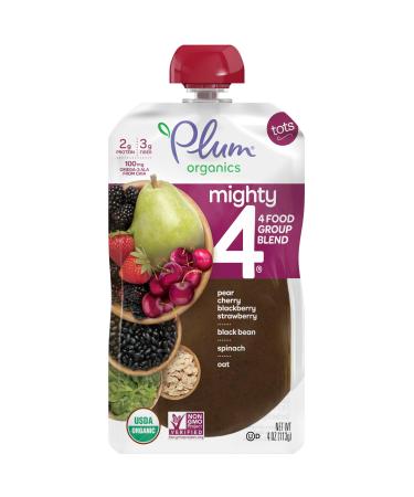 Plum Organics Baby Food Pouch | Mighty 4 | Pear, Cherry, Blackberry, Strawberry, Spinach and Oat | 4 Ounce | 12 Pack | Organic Food Squeeze for Babies, Kids, Toddlers