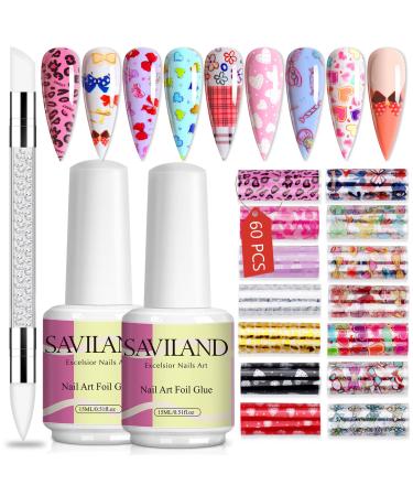 Saviland Nail Art Foil Glue Gel Kit - 2pcs 15ML Nail Foil Glue with 60pcs Cartoon Nail Transfer Stickers Full Nail Wraps, Nail Art Sculpture Pen for DIY Decoration at Home or Nail Salon Cartoon Nail Art Foil Gule Kit