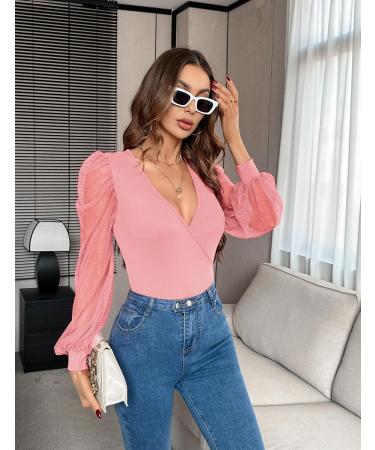 Fayenne Womens Tops Deep V Neck Cross Wrap Sexy Tops Polka Dot Mesh Long Sleeve T Shirt Casual Blouses S Deep Pink - Buy Online on SooperMarket.com