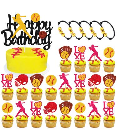 Softball Birthday Decorations Happy Birthday Banner Softball Cake Cupcake Toppers Girl's Bracelet Fastpitch Pitcher Baseball Sport Player Theme for Women Girl Boy Birthday Party Supplies