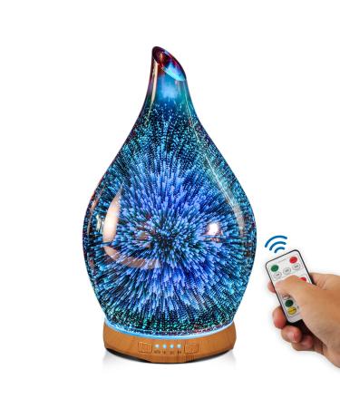 Porseme 280ml aroma diffuser glass with remote control hand blown 3D fireworks ultrasound humidifier quiet 7 color LED light automatic power-off timer function humidifier for apartment and yoga i1-280ml aladdin vase with remote