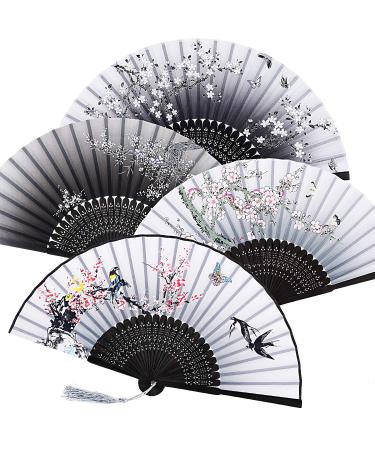 4 Pieces Folding Fans Handheld Fans Bamboo Fans with Tassel Women's Hollowed Bamboo Hand Holding Fans for Wall Decoration Gifts (Gray Gradient Pink Plum Blossom Black Gradient Pink Peach Blossom) Black Gray