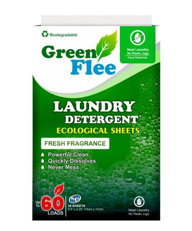 Green Flee Laundry Detergent Sheets-Fresh Fragrance-No Plastic Jug (60 Loads) 30 Sheets