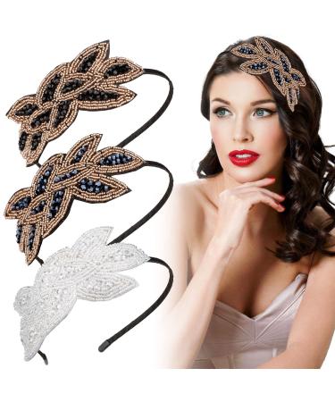 Noverlife 3PCS Flapper Headbands 1920s Vintage Flapper Headpiece 20s Headbands for Women Rhinestone Beaded Leaf Hairband (Navy Blue  White  Black Gold)