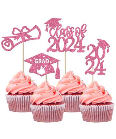 Rsstarxi 36 Pack Class of 2024 Graduation Cupcake Toppers 2024 Graduation Food Appetizer Picks 2024 Grad Cap Done Diploma Cupcake Picks for 2024 Graduation Theme Party Cake Decorations Pink
