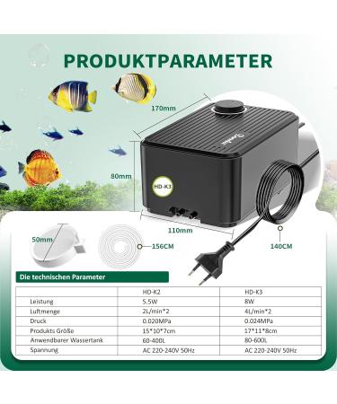 Boadw Quietest Aquarium Air Pump - 8W Adjustable Oxygen Pump for Up to 600 Liters 40dB All Accessories Included - International Shipping Available - Buy Online on SooperMarket.com