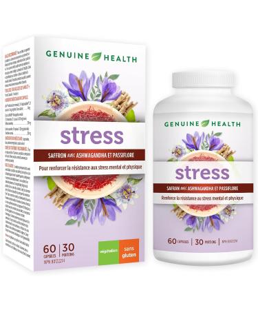 Genuine Health stress 60 count 30 day supply Saffron Ashwagandha and Passionflower for natural daily stress and sleep support Dairy & gluten-free Vegan - Buy Online on SooperMarket.com