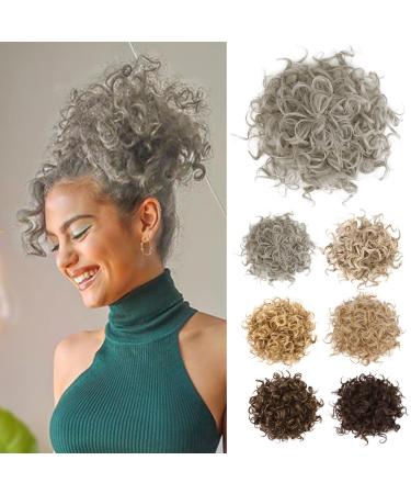 REECHO Messy Bun Hair Piece Elastic Drawstring Hair Bun Extensions Large Curly Wave Fake Bun Top Knot Updo Hairpiece for Women - Gray with Brown Mixed Wavy Gray with Brown Mixed