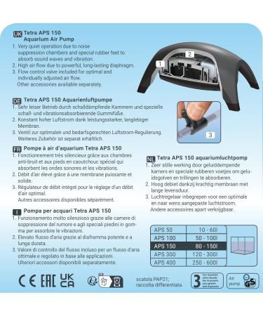 Tetra APS 150 Aquarium Air Pump - Quiet Diaphragm Pump for 80-150L Aquariums | International Shipping Available - Buy Online on SooperMarket.com