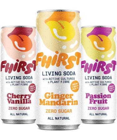 FHIRST Living Soda Taster Pack | Probiotic/Prebiotic Soda for Gut Health| Ginger Mandarin Cherry Vanilla & Passion Fruit Flavours | Zero Sugar or Sweetener | Mix pack - 12 x 330ml - Buy Online on SooperMarket.com