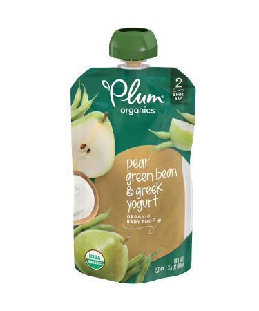 Plum Organics Baby Food Pouch | Stage 2 | Pear, Green Bean & Greek Yogurt | 3.5 Ounce | 12 Pack | Fresh Organic Food Squeeze | For Babies, Kids, Toddlers