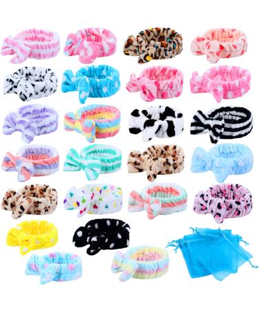 Jexine 24 Pieces Facial Makeup Headbands Spa Headband Bulk Bow Hair Head Band Fluffy Plush Headband with Gift Bags for Women Girls Mixed Pattern